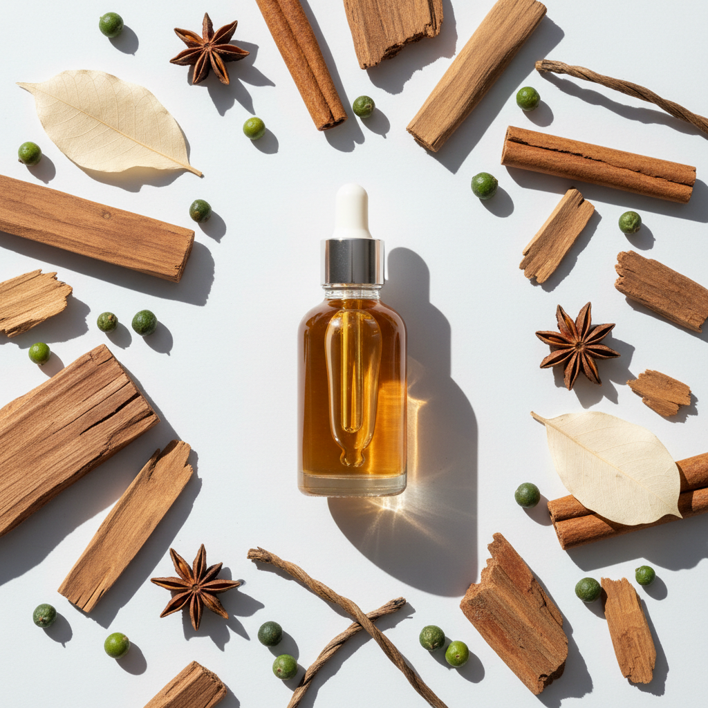 Flat lay de la fragancia sándalo album