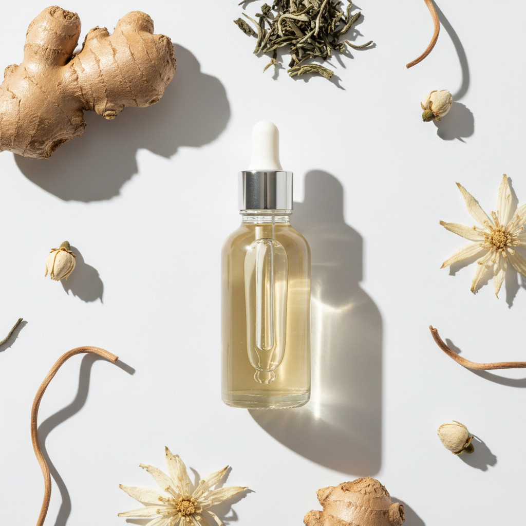 Flat lay de la fragancia té blanco y jengibre