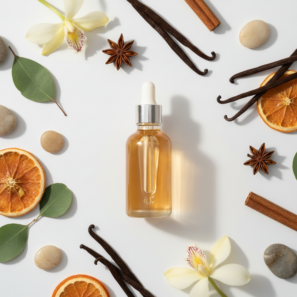 Flat lay de la fragancia vainilla dulce