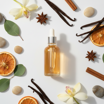 Flat lay de la fragancia vainilla dulce