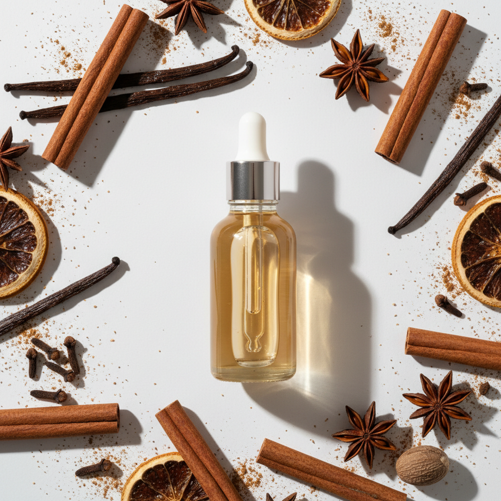 Flat lay de la fragancia vainilla spicy