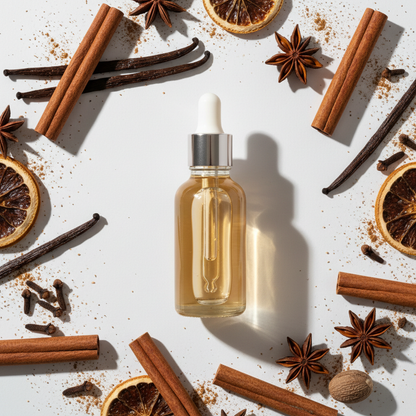 Flat lay de la fragancia vainilla spicy