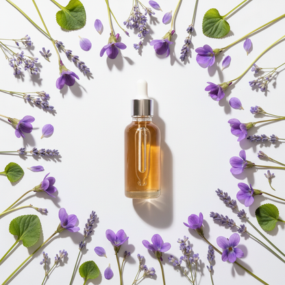 Flat lay de la fragancia violetas