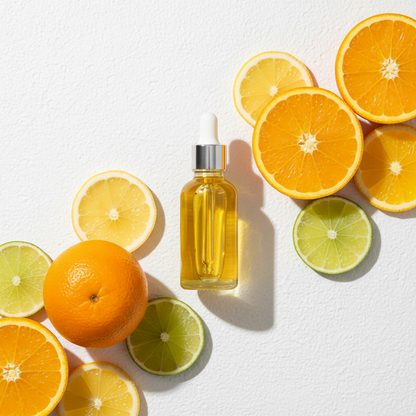 Flat lay del aceite concentrado de cítricos