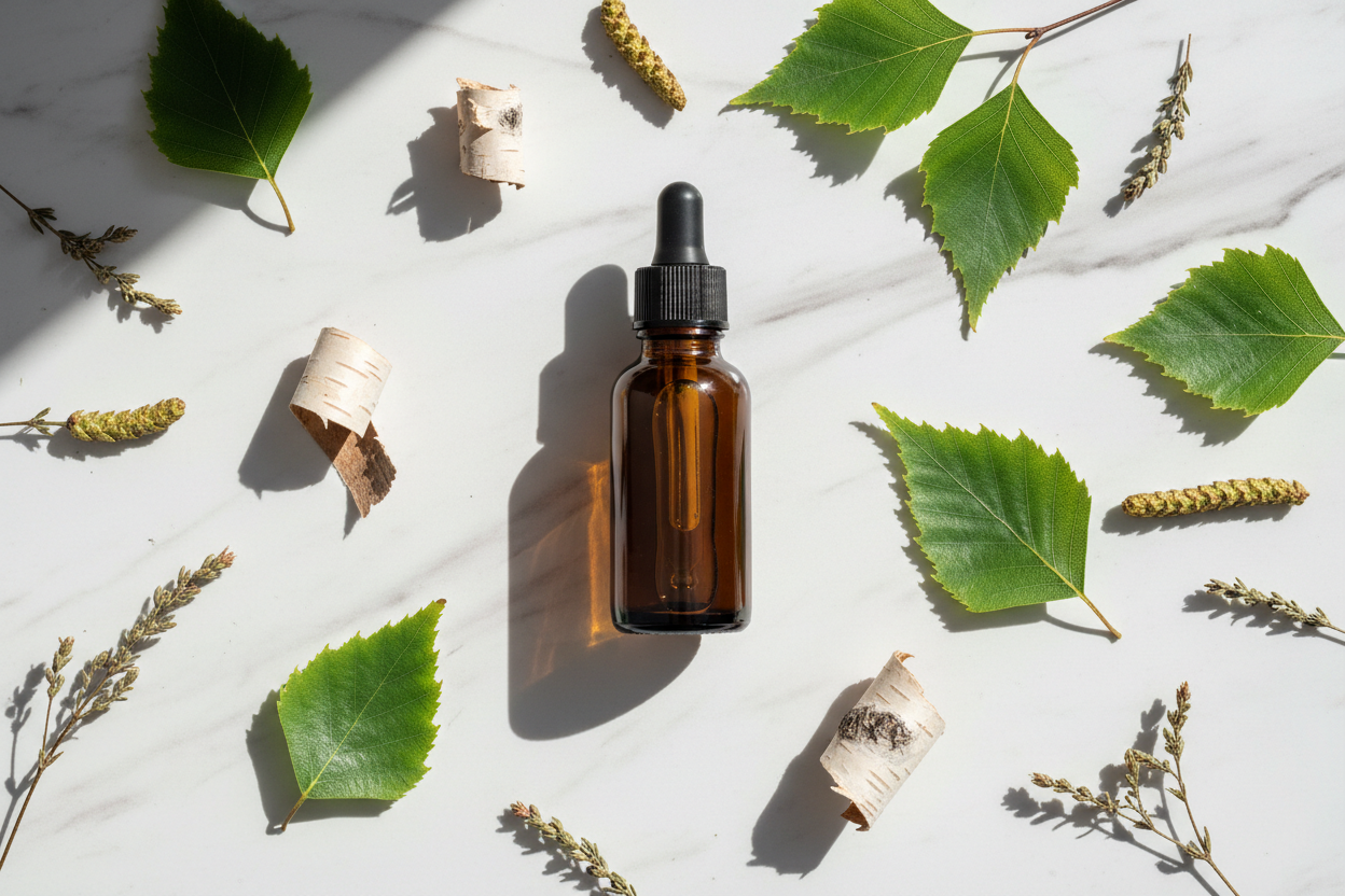 Flat lay del extracto de abedul con hojas y corteza blanca