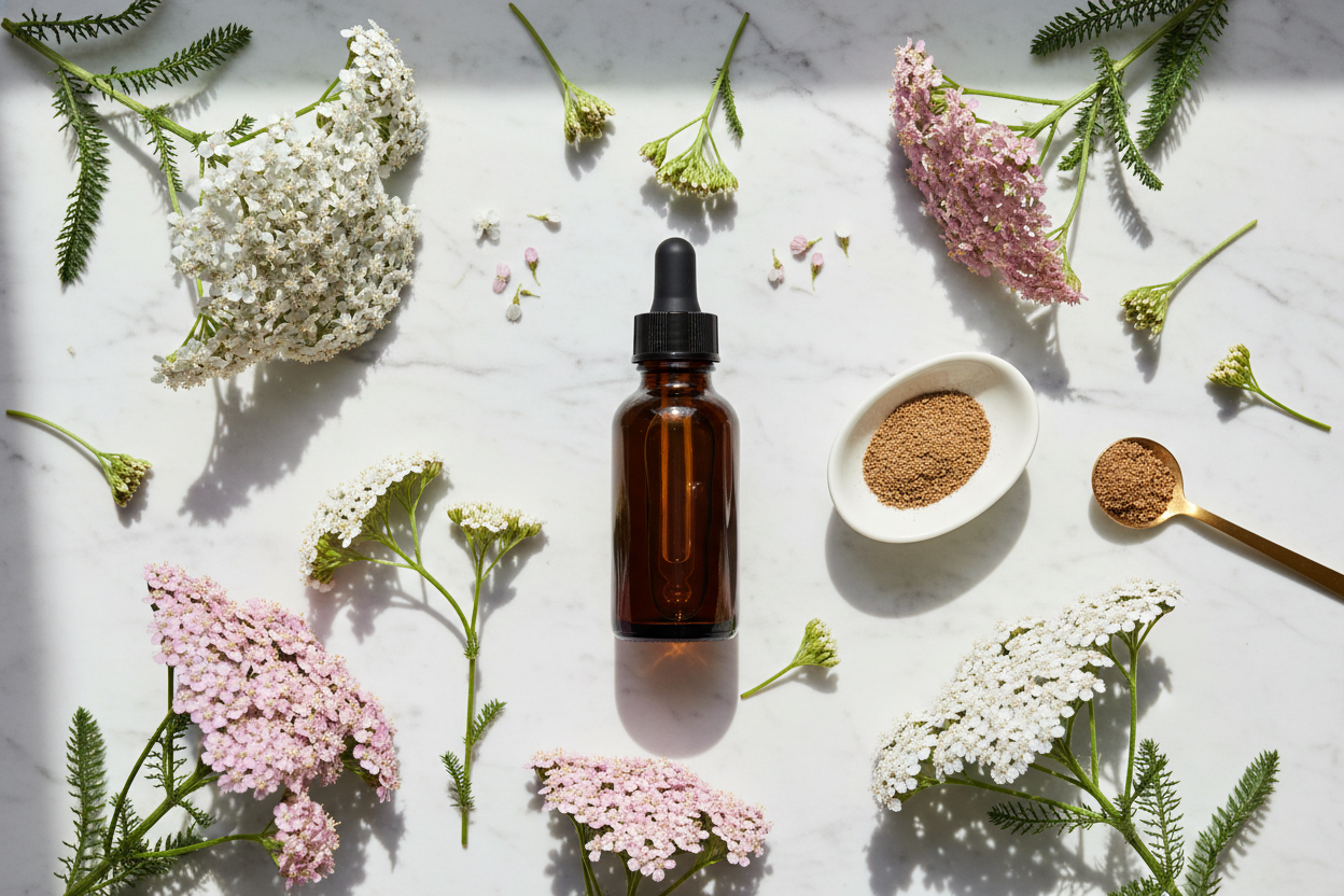 Flat lay del extracto de aquilea con flores en racimos