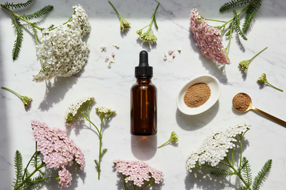 Flat lay del extracto de aquilea con flores en racimos