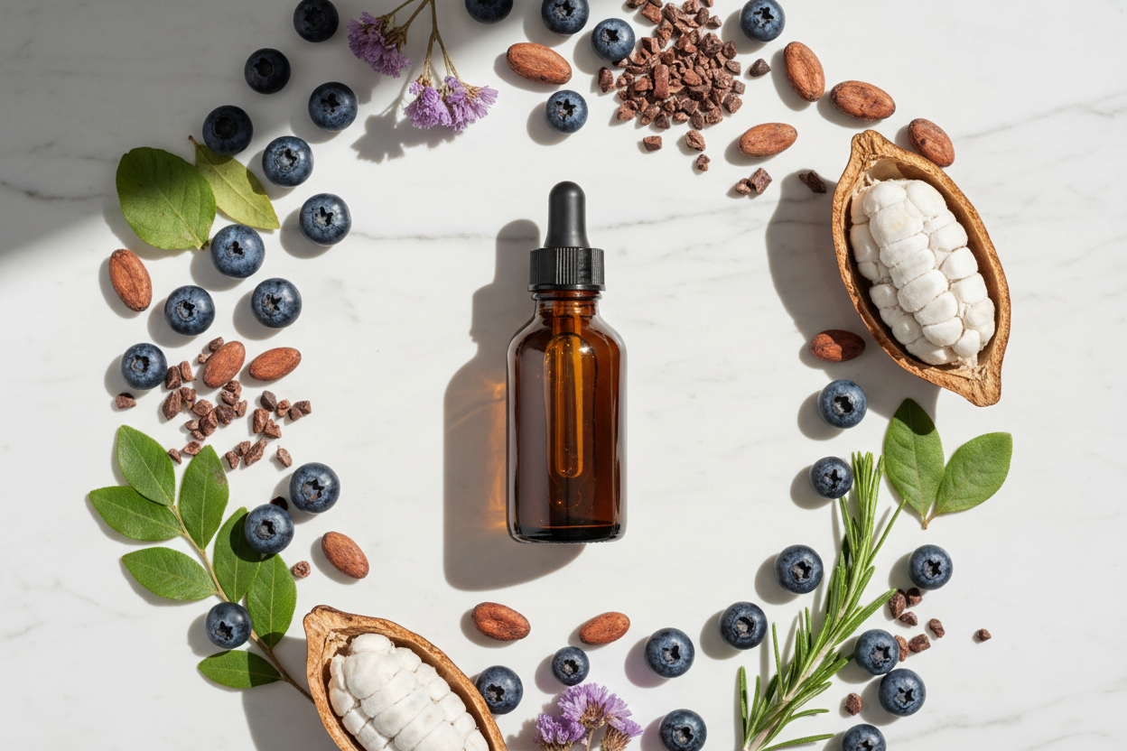 Flat lay del extracto de arándanos & cacao con frutos y semillas