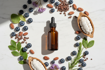 Flat lay del extracto de arándanos & cacao con frutos y semillas