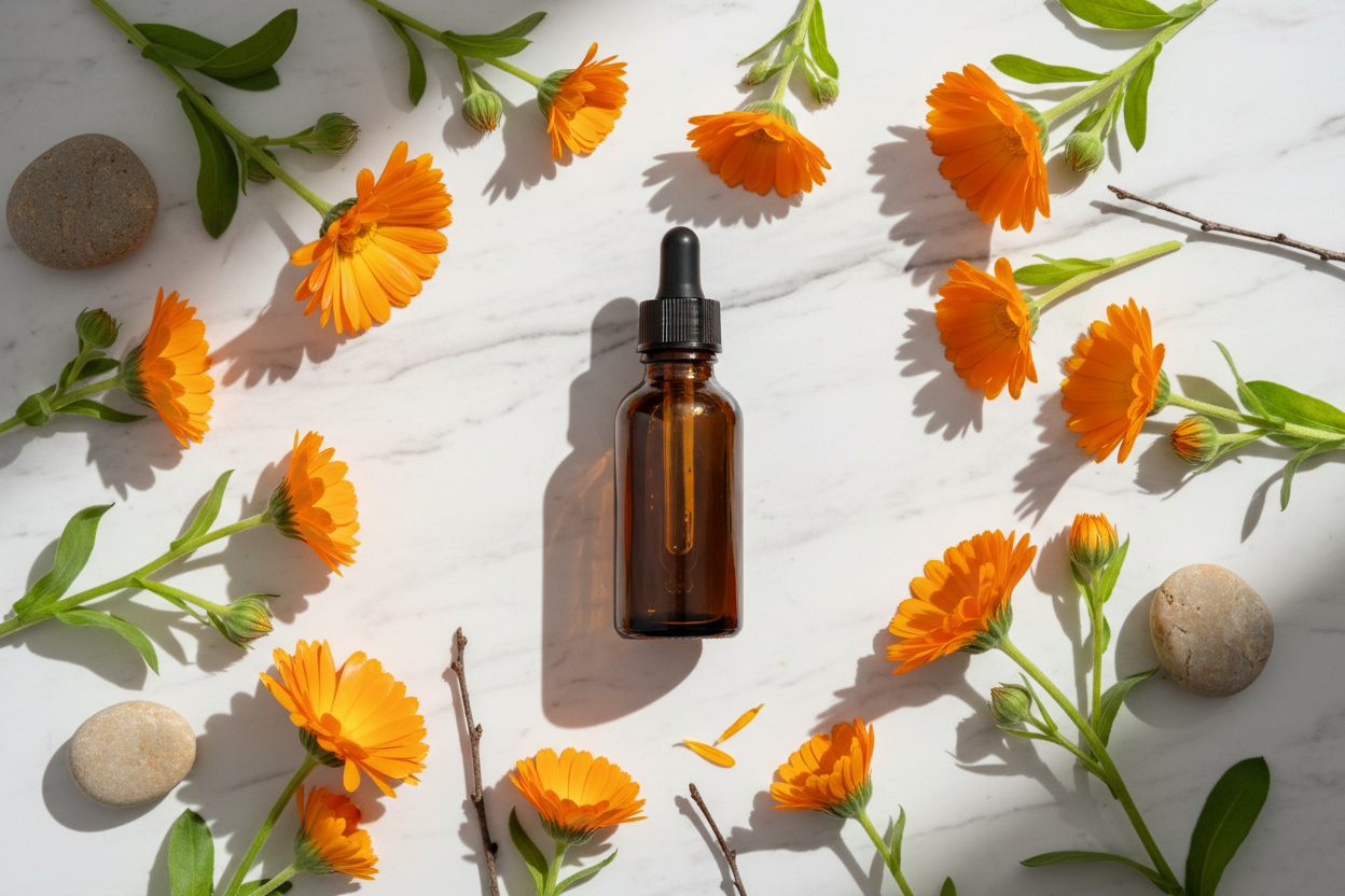 Flat lay del extracto de caléndula con flores vibrantes