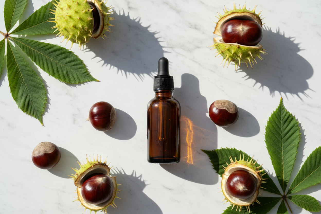 Flat lay del extracto de castaño con semillas y cáscaras espinosas