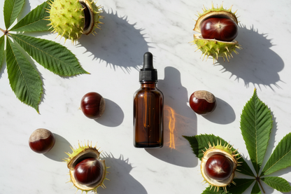 Flat lay del extracto de castaño con semillas y cáscaras espinosas