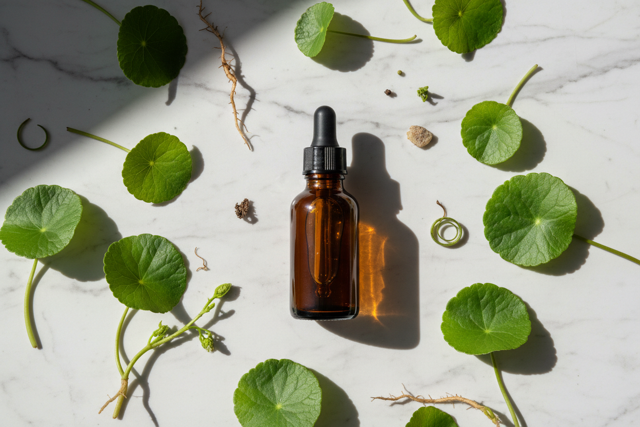 Flat lay del extracto de centella con hojas características