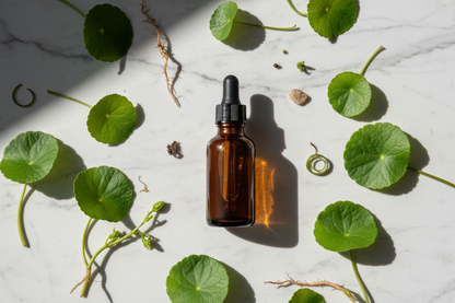 Flat lay del extracto de centella con hojas características