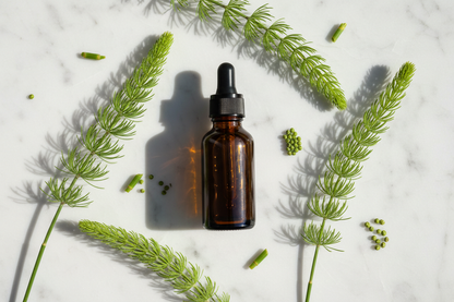 Flat lay del extracto de cola de caballo con tallos segmentados