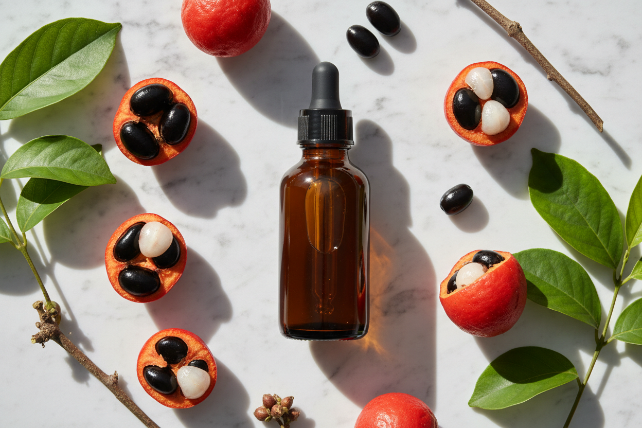 Flat lay del extracto de guaraná con frutos y semillas características