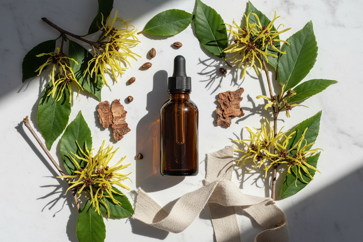 Flat lay del extracto de hamamelis con ramas y flores características