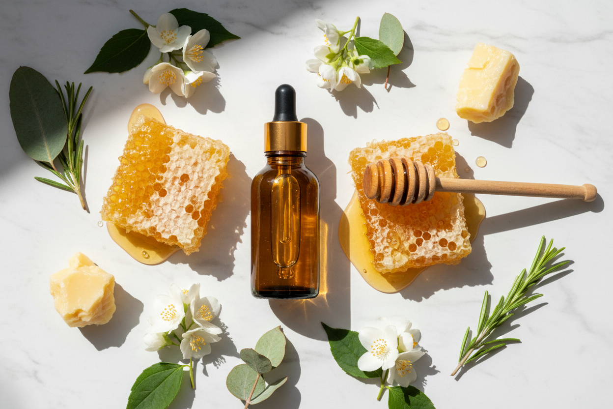Flat lay del extracto de jalea real ámbar suave con elementos de colmena
