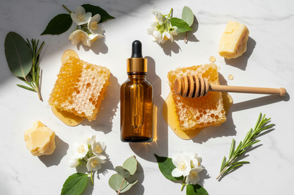 Flat lay del extracto de jalea real ámbar suave con elementos de colmena