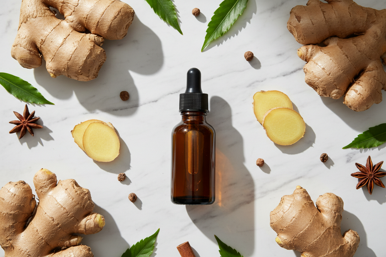 Flat lay del extracto de jengibre con raíces cortadas