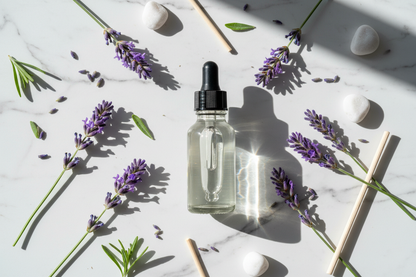 Flat lay del extracto de lavanda transparente con espigas florales