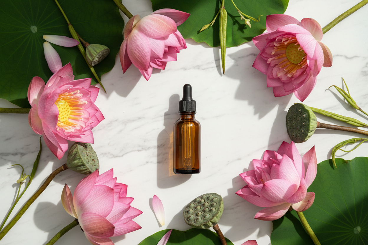 Flat lay del extracto de loto ámbar claro con gotero negro