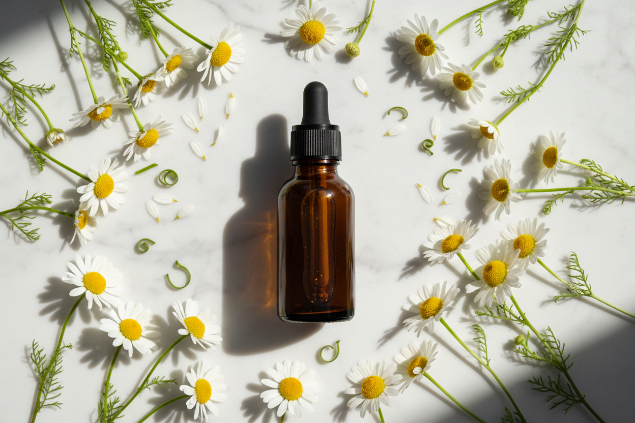 Flat lay del extracto de manzanilla con flores características