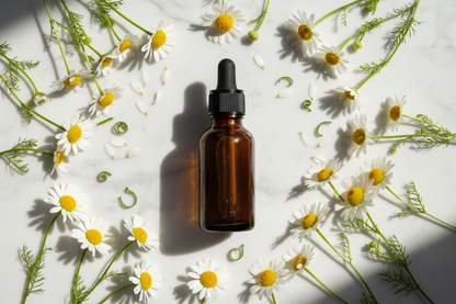 Flat lay del extracto de manzanilla con flores características