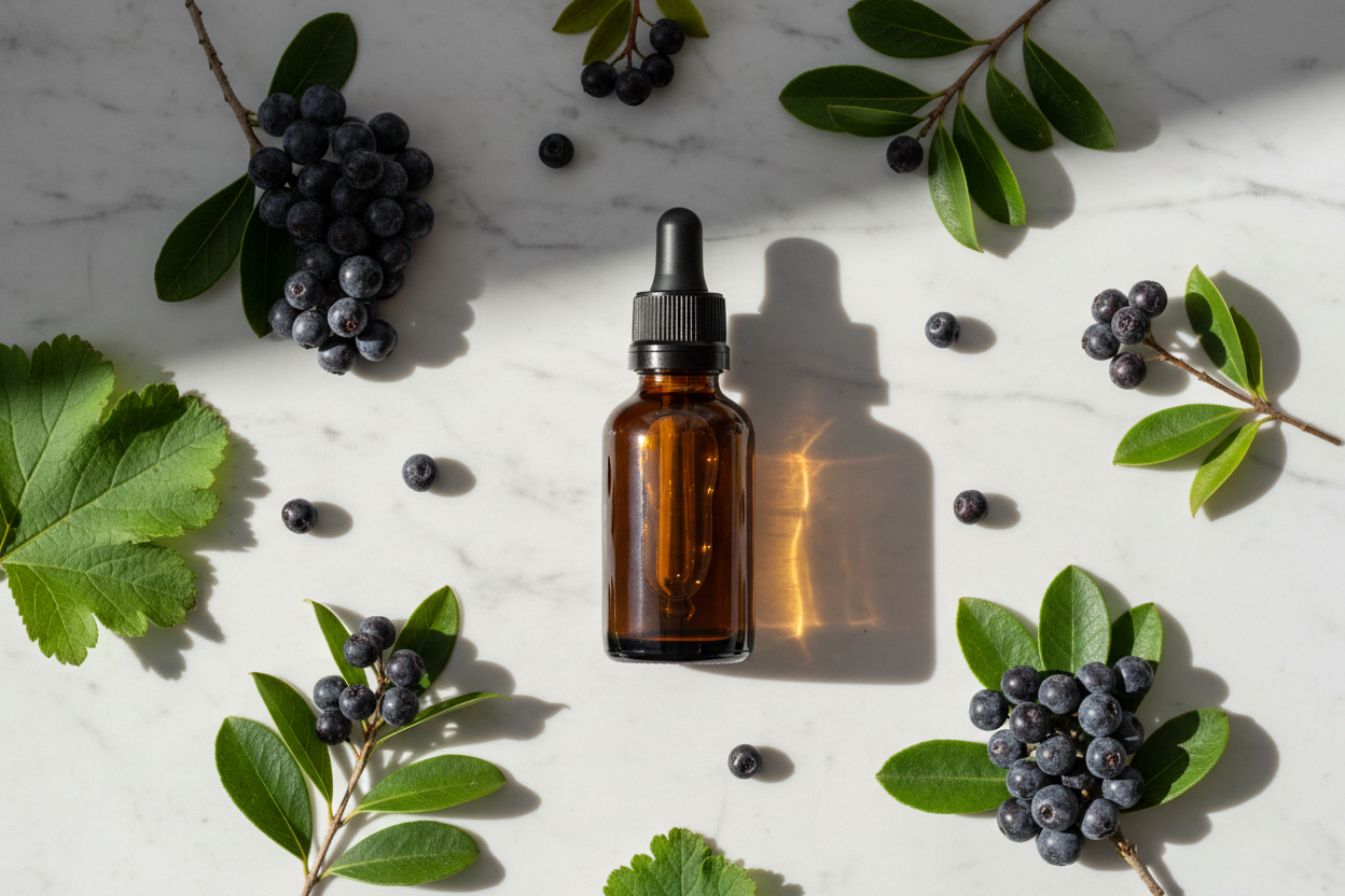 Flat lay del extracto de maqui berry con bayas patagónicas