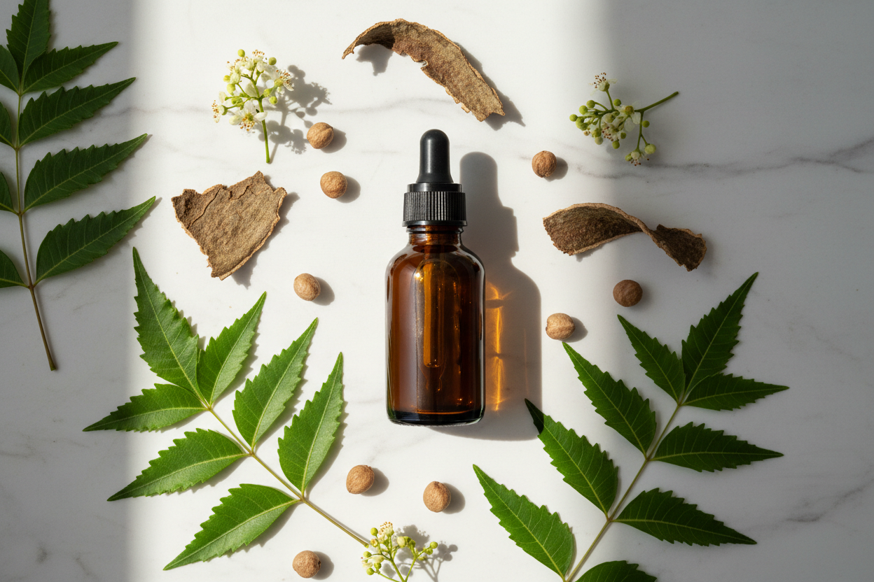 Flat lay del extracto de neem con hojas compuestas y semillas