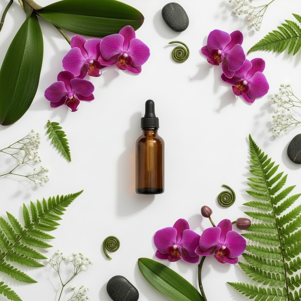 Flat lay del extracto de orquídea