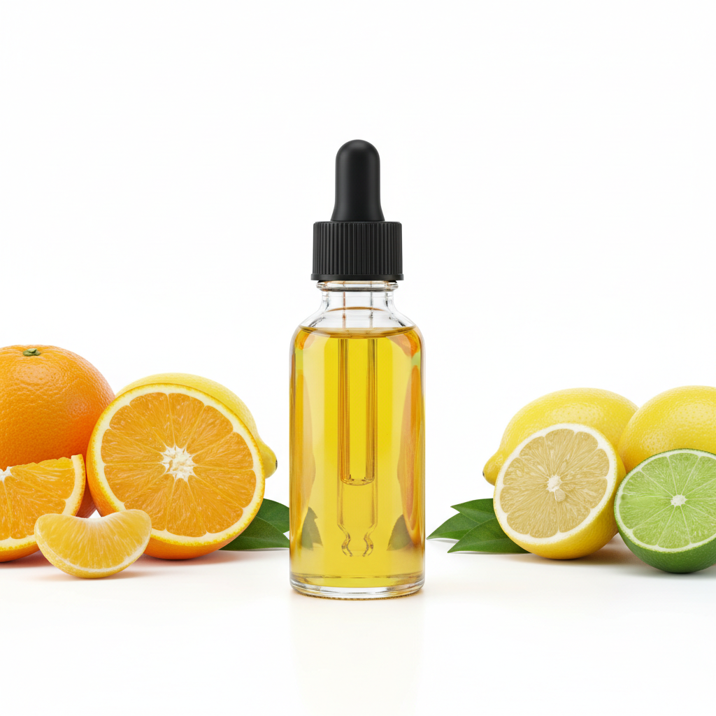 Frasco cerrado con aceite concentrado de cítricos