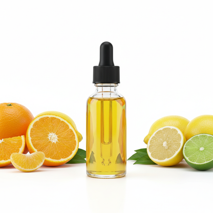 Frasco cerrado con aceite concentrado de cítricos