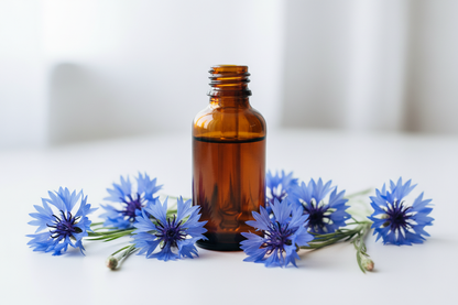 Frasco con extracto de aciano ámbar oscuro y flores azules