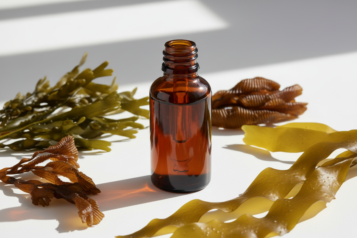 Frasco con extracto de algas patagónicas ámbar oscuro y algas marinas