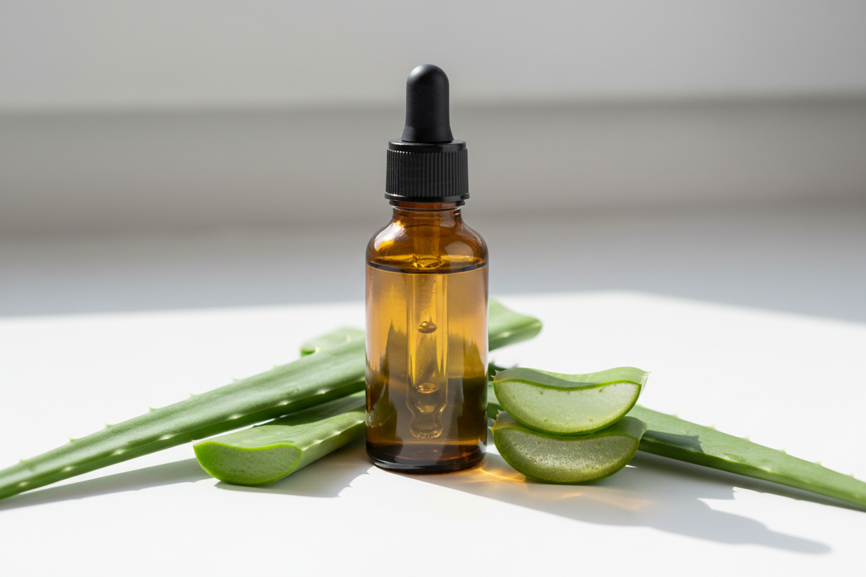 Frasco con extracto de aloe vera ámbar muy claro y hojas suculentas
