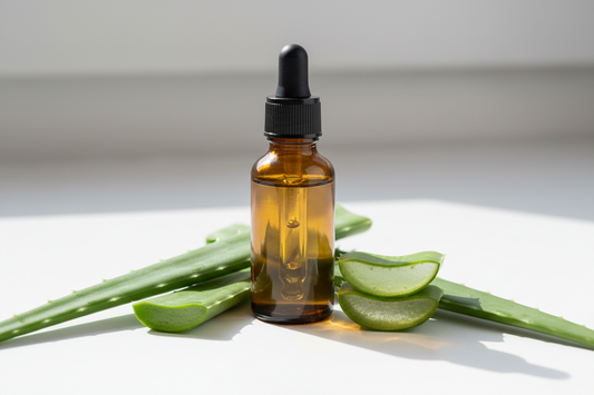 Frasco con extracto de aloe vera ámbar muy claro y hojas suculentas
