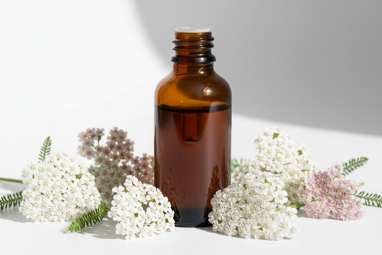 Frasco con extracto de aquilea ámbar oscuro y flores blancas