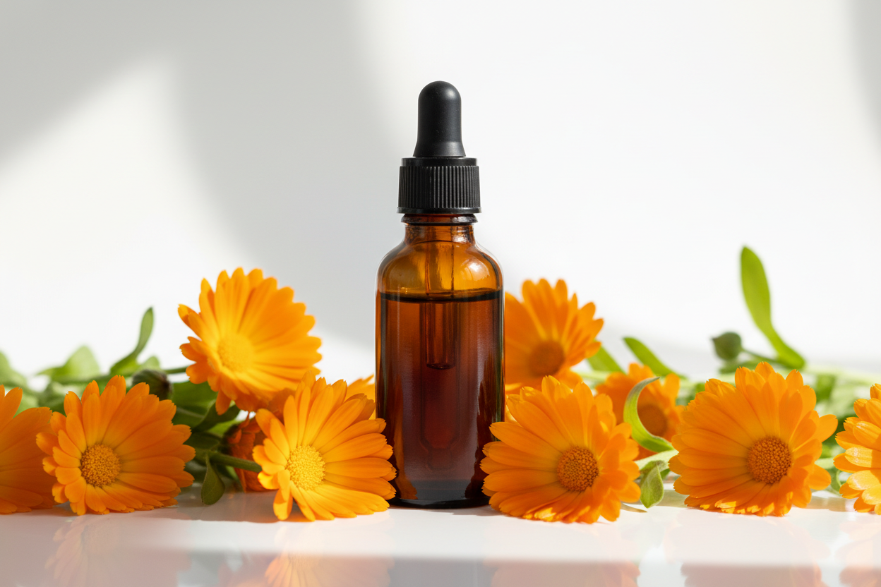 Frasco con extracto de caléndula ámbar oscuro y flores naranjas