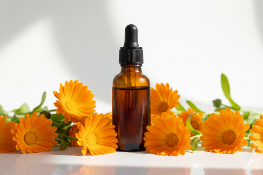 Frasco con extracto de caléndula ámbar oscuro y flores naranjas