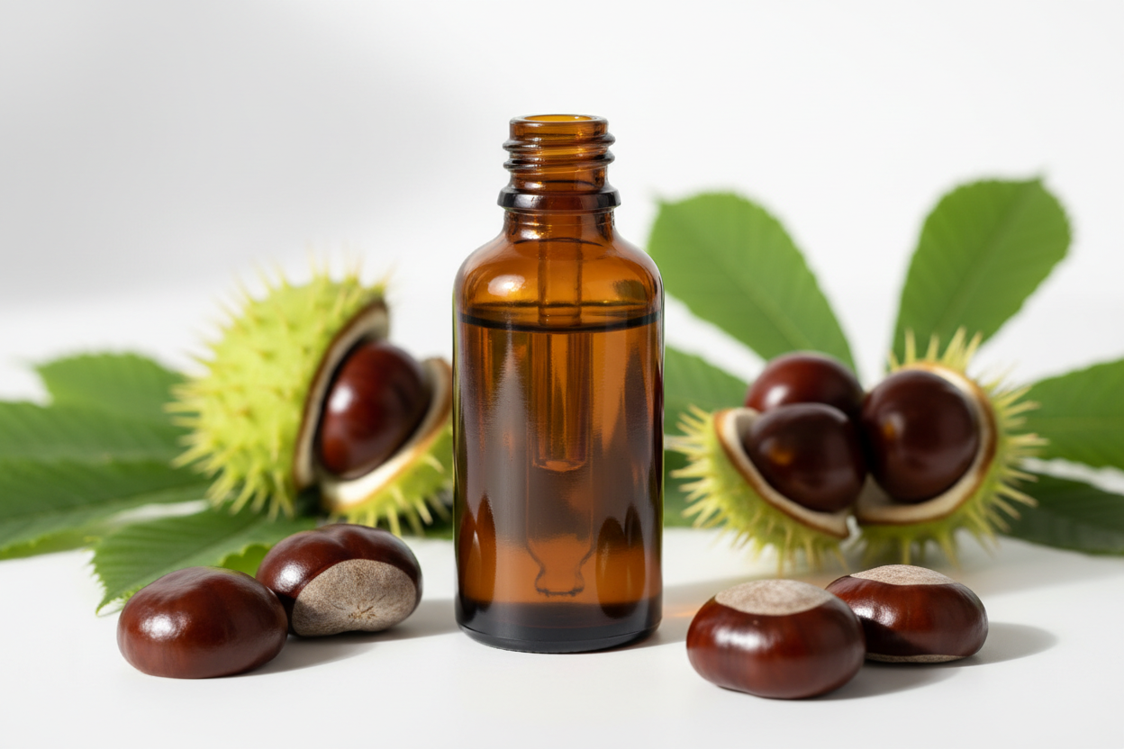 Frasco con extracto de castaño de indias ámbar oscuro y semillas