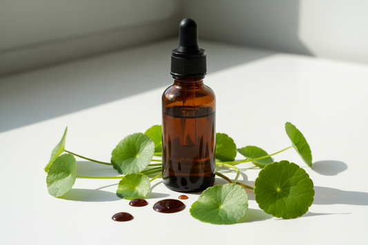 Frasco con extracto de centella asiática ámbar oscuro y hojas verdes