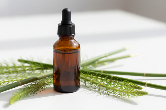 Frasco con extracto de cola de caballo ámbar oscuro y tallos verdes