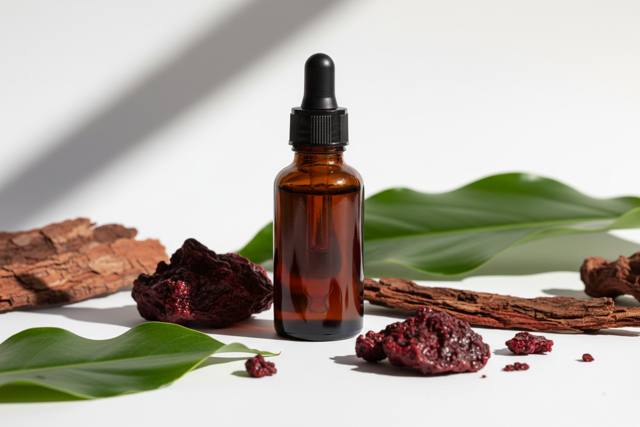 Frasco con extracto de Dragon's Blood ámbar oscuro y resina roja