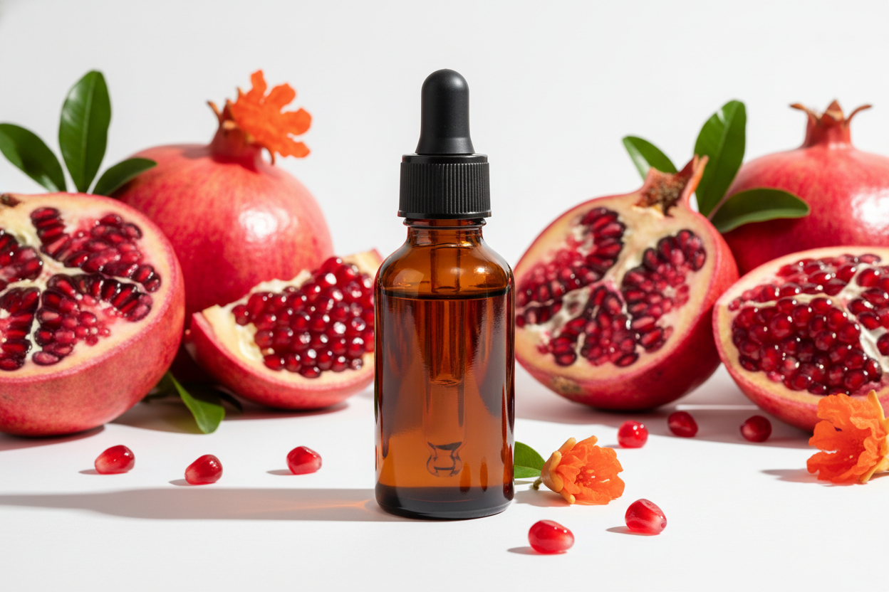 Frasco con extracto de granada ámbar oscuro y granadas frescas