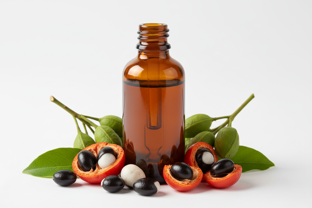 Frasco con extracto de guaraná ámbar oscuro y semillas amazónicas