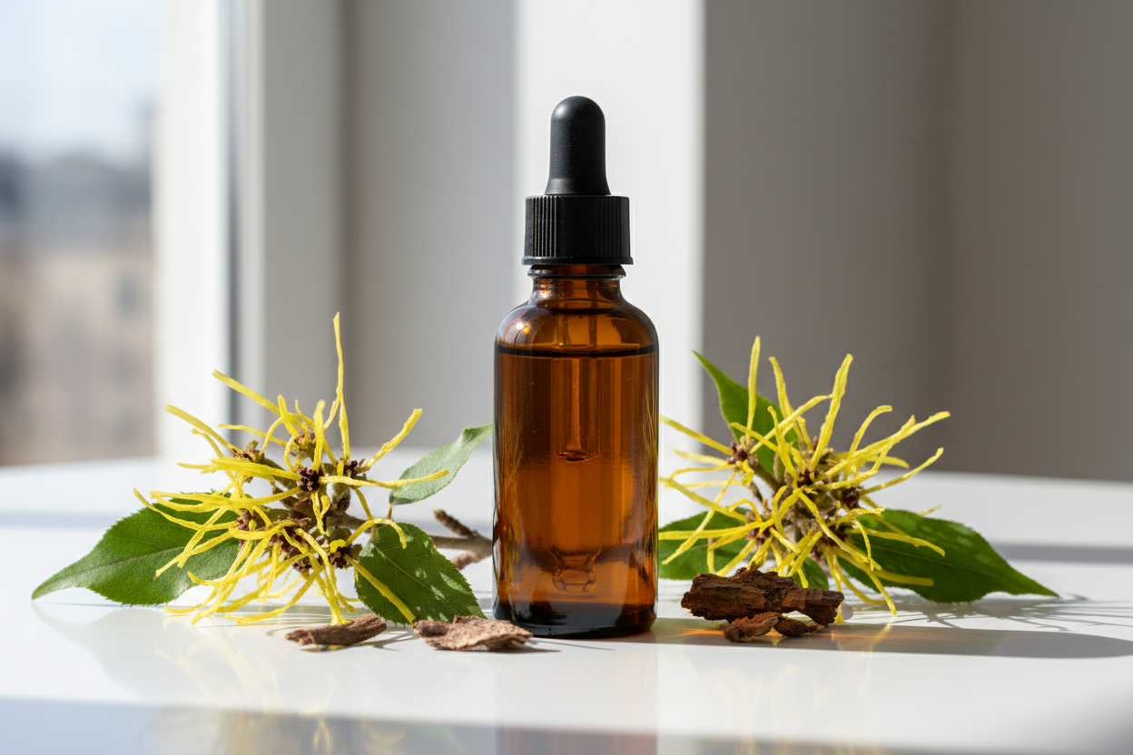 Frasco con extracto de hamamelis ámbar oscuro y flores amarillas