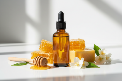 Frasco con extracto de jalea real ámbar suave y panal