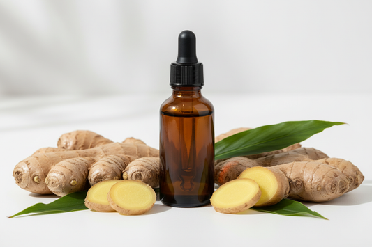 Frasco con extracto de jengibre ámbar oscuro y raíces frescas