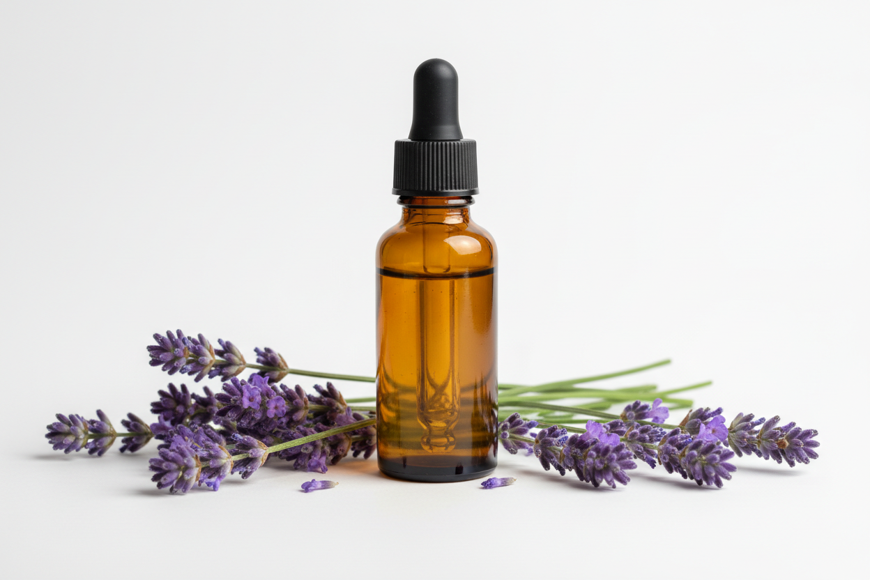 Frasco con extracto de lavanda transparente y flores púrpuras